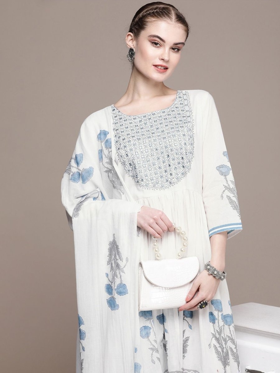 Anouk Women Floral Yoke Design Regular Mirror Work Cotton Kurta with Trousers & Dupatta - Distacart