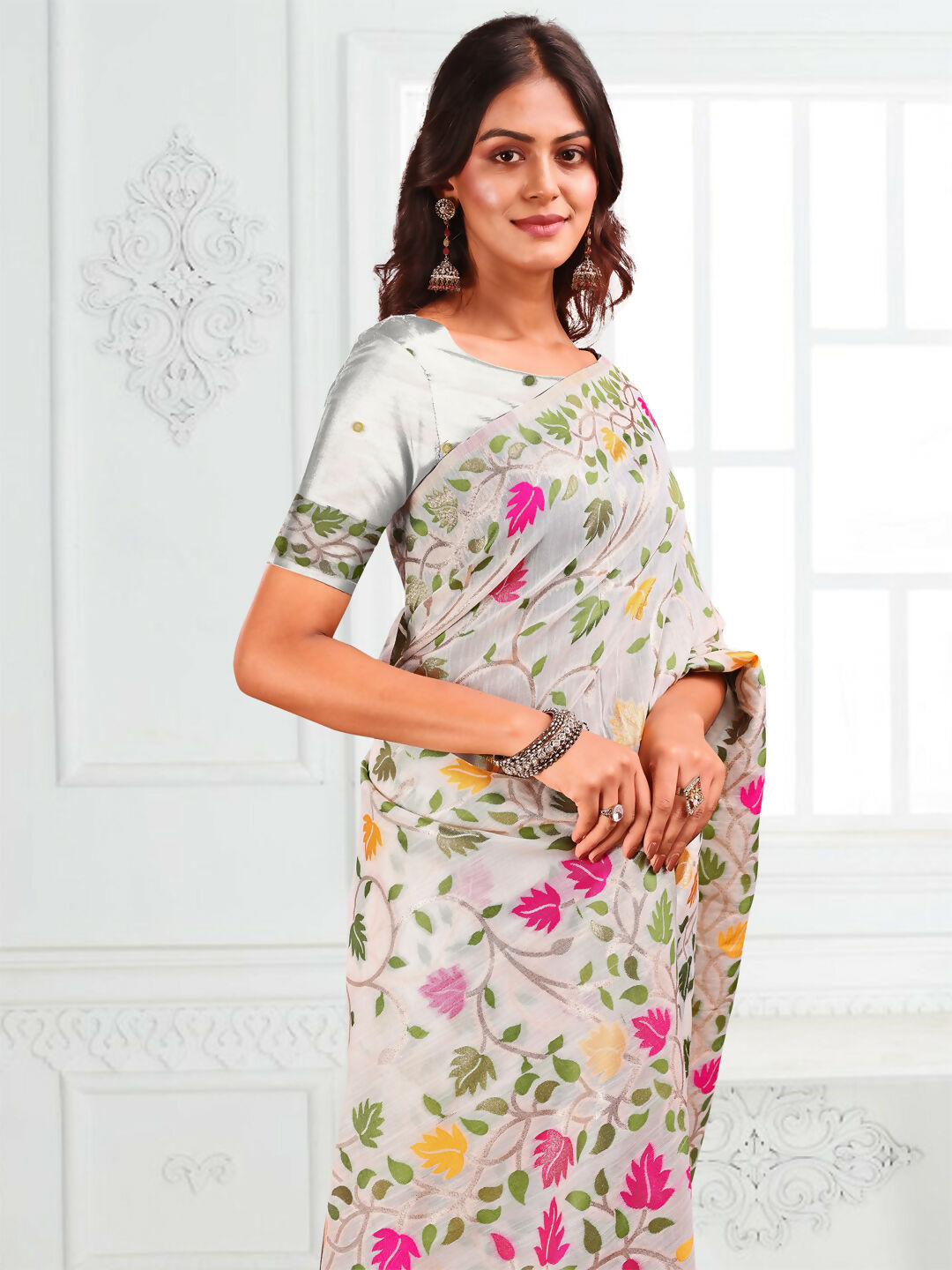 Astita Linen Cotton White Saree