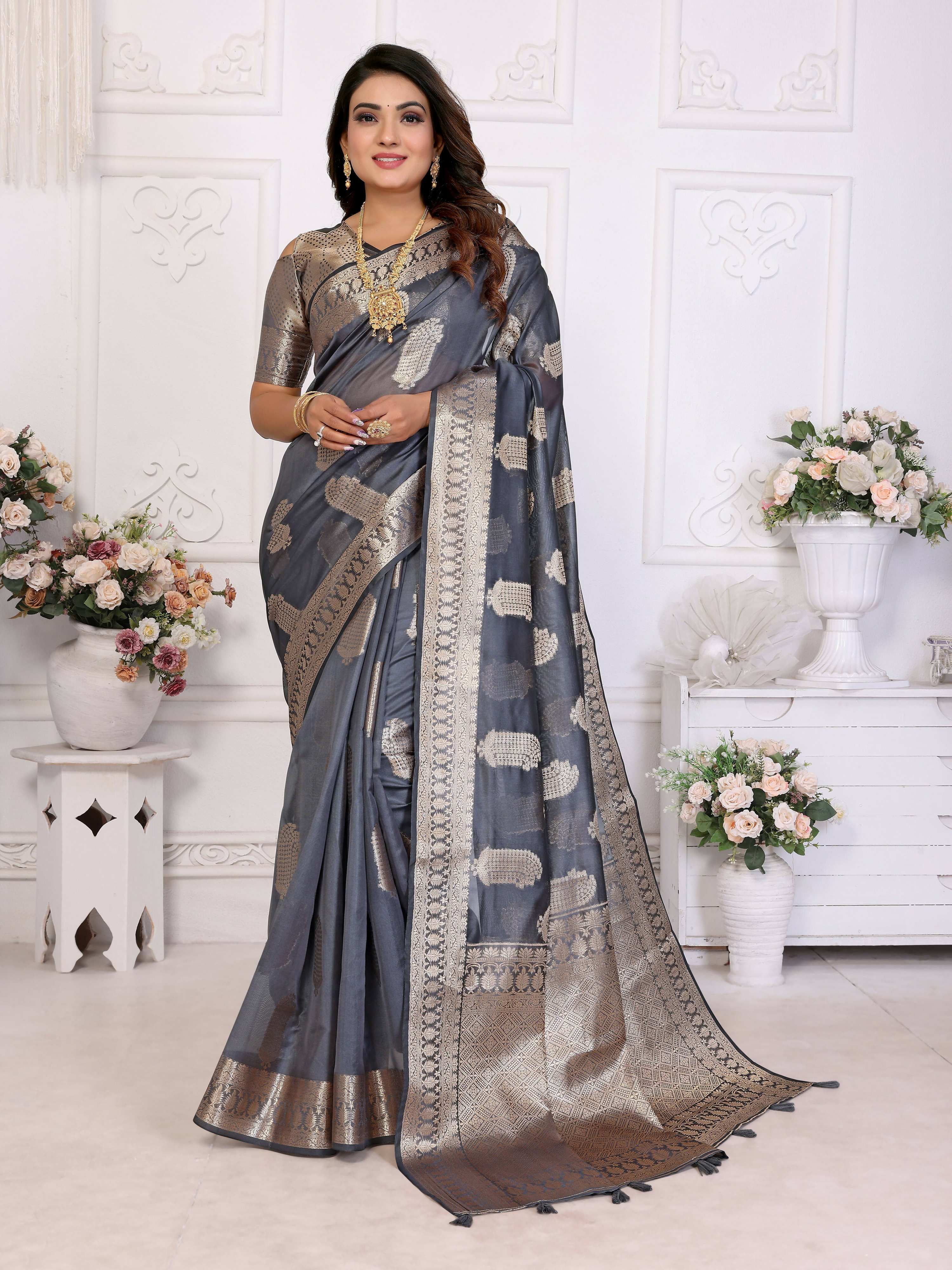 Aastha Fashion Grey Soft Organza Silk Weaving Saree - Distacart