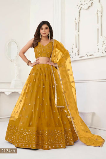 Aastha Fashion Mustard Yellow Butterfly Net Tone To Tone Thread Work And Sandwich Sequence Work Embroidery Wedding Wear Lehenga Choli - Distacart
