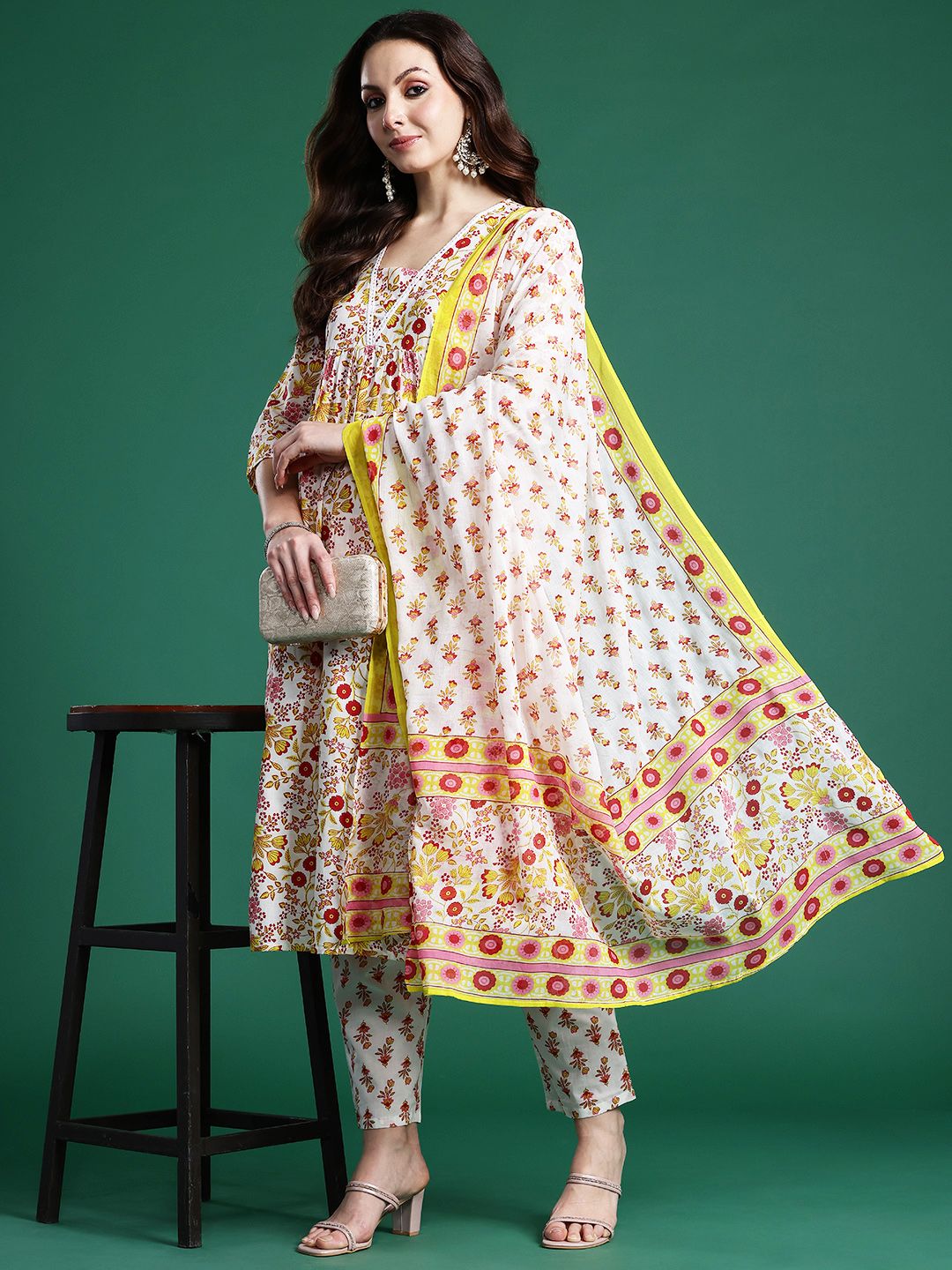 Indo Era Floral Printed Pure Cotton Kurta with Palazzos & Dupatta - Distacart