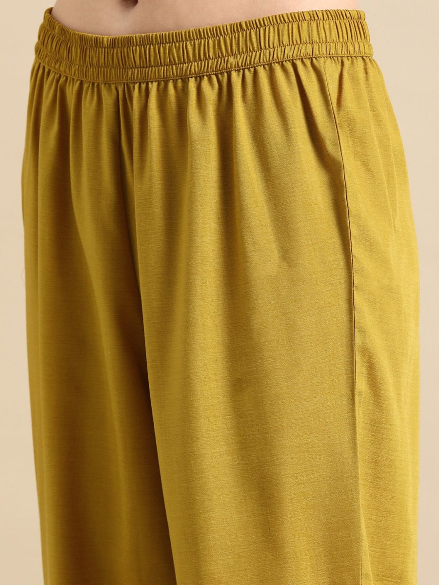 All About You Women Mustard Yellow Floral Embroidered Thread Work Kurta with Trousers - Distacart