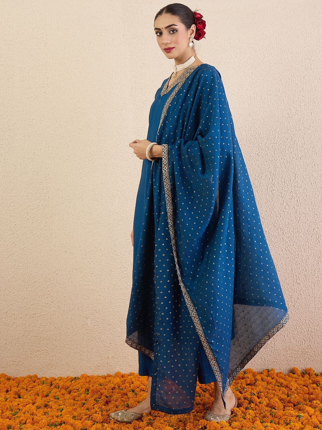 Indo Era Ethnic Motifs Embroidered Regular V-Neck Straight Kurta With Trousers & Dupatta