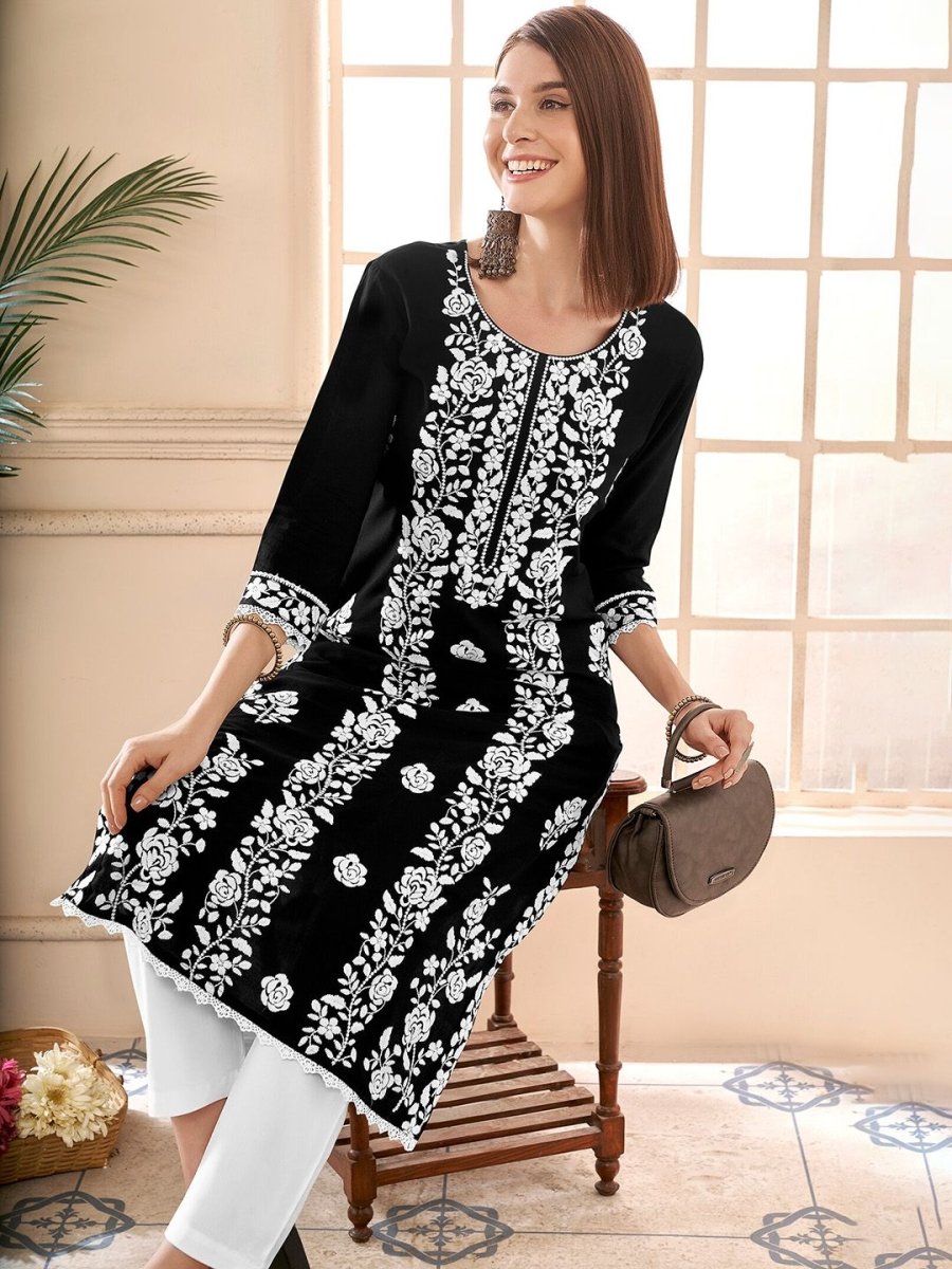 Anouk Floral Embroidered Round Neck Chikankari Straight Kurta - Distacart