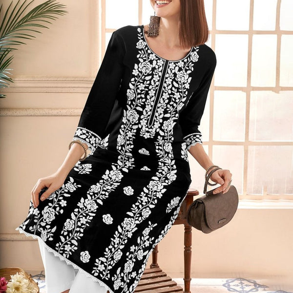 Anouk Floral Embroidered Round Neck Chikankari Straight Kurta - Distacart