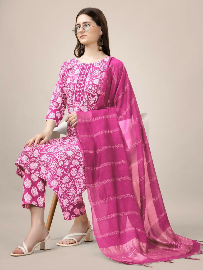 Jyoti Fashion Women's Pink Rayon Print with Embroidery & Fancy Lace Work Kurta with Trouser & Dupatta - Distacart