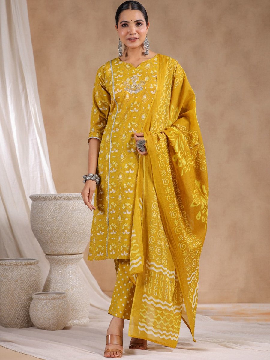 Anubhutee Ethnic Motifs Printed Thread Work Cotton Straight Kurta & Trousers With Dupatta - Distacart