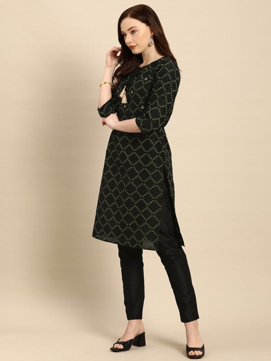 All About You Women Black & Green Printed Kurta with Trousers - Distacart