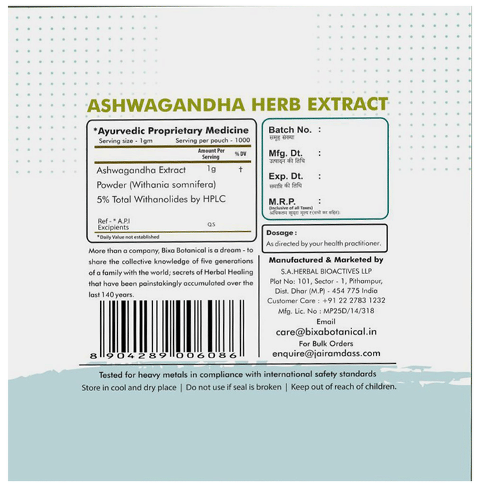 Bixa Botanical Ashwagandha Herb Extract Powder 5% Total Withanolides