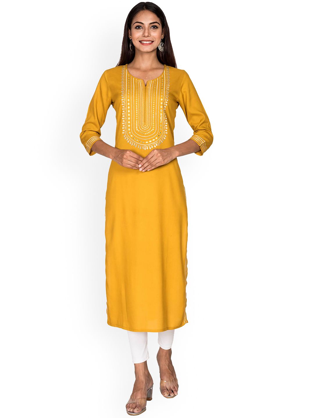 Swasti Women Yellow Embellished Mirror Work Kurta - Distacart
