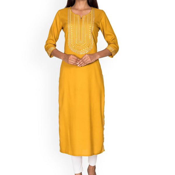 Swasti Women Yellow Embellished Mirror Work Kurta - Distacart