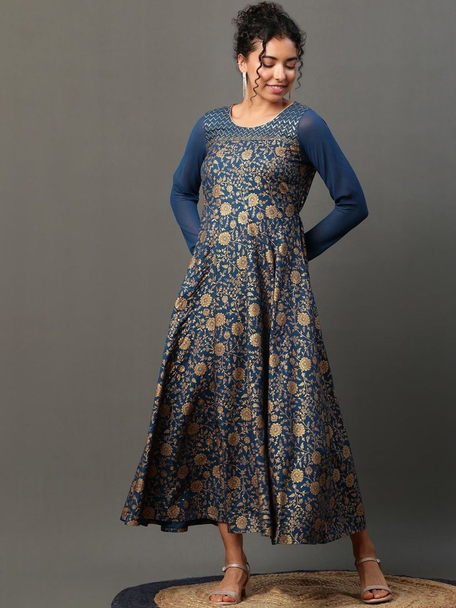 AURELIA Floral Printed Sequinned A-Line Ethnic Dress