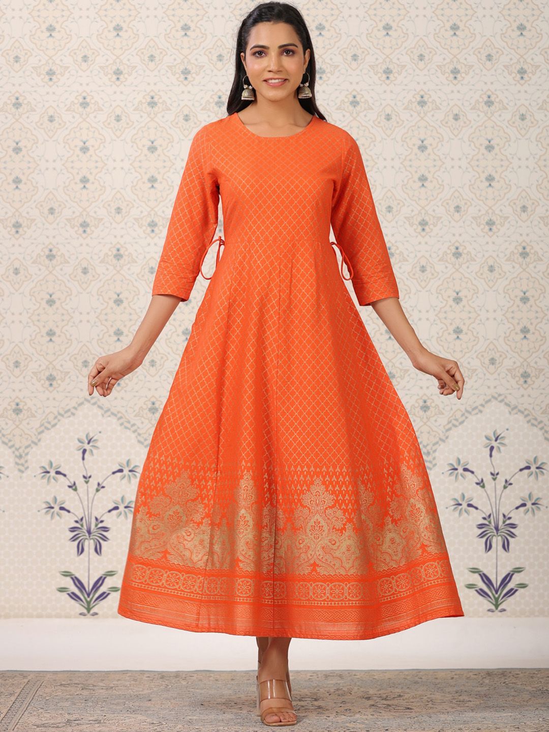 Ode by House of Pataudi Orange Coloured Ethnic Motifs Woven Design Anarkali Kurta - Distacart