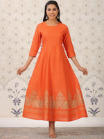 Thumbnail for Ode by House of Pataudi Orange Coloured Ethnic Motifs Woven Design Anarkali Kurta - Distacart