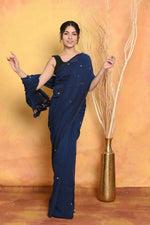 Thumbnail for Very Much Indian Pure Mul Cotton Handloom Saree - Dark Blue - Distacart