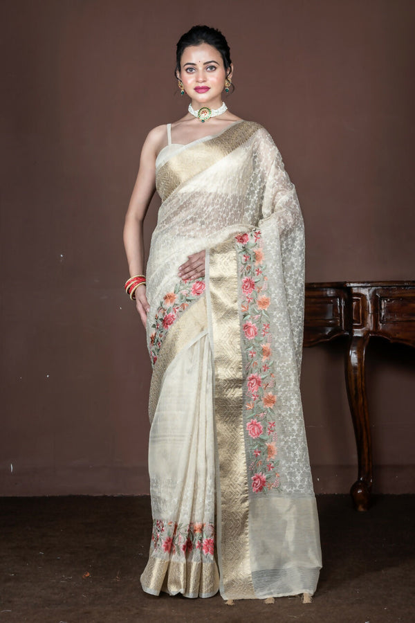 Morchari Beige Banarasi Tissue Computer Embroidery Saree Unstitched Blouse