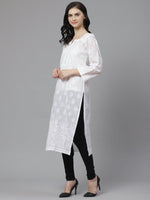 Thumbnail for ADA Women White & Black Chikankari Embroidered Semi-Sheer Sustainable Handloom Kurta with Churidar - Distacart
