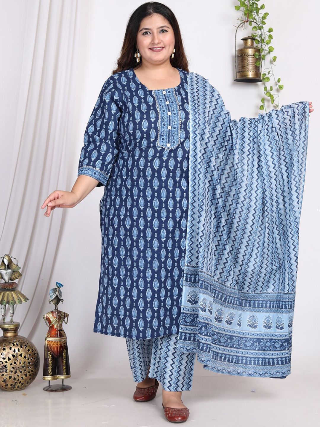 Swasti Floral Printed Regular Sequinned Pure Cotton Kurta with Trousers & With Dupatta - Distacart
