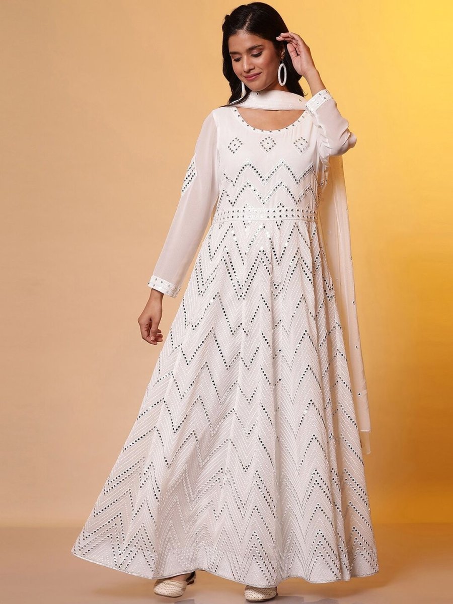 AURELIA Aurelia Mirror Detailed Embroidered Georgette Ethnic Dress with Dupatta