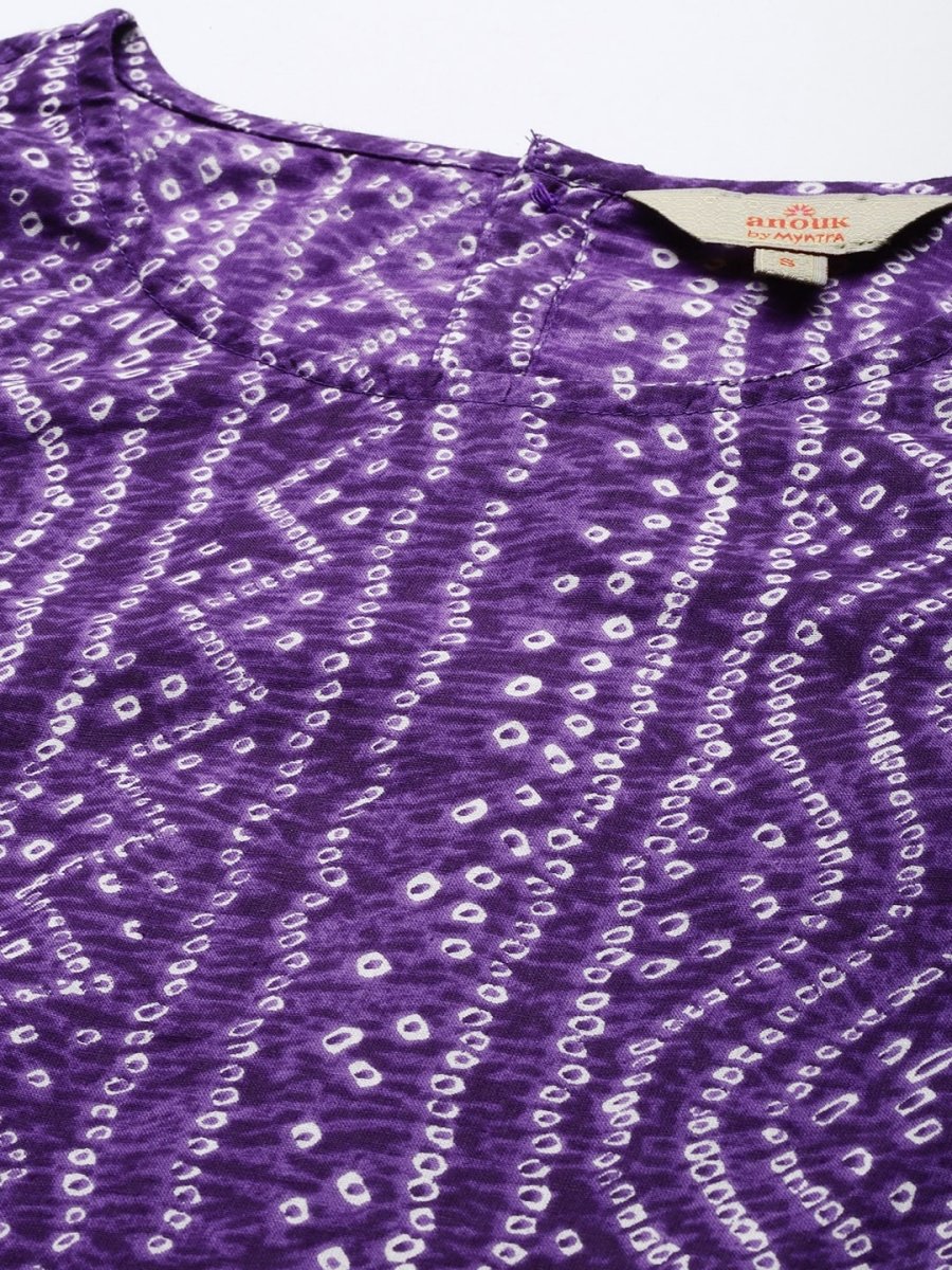 Anouk Women Purple Bandhani Printed Pure Cotton Kurta with Trousers - Distacart