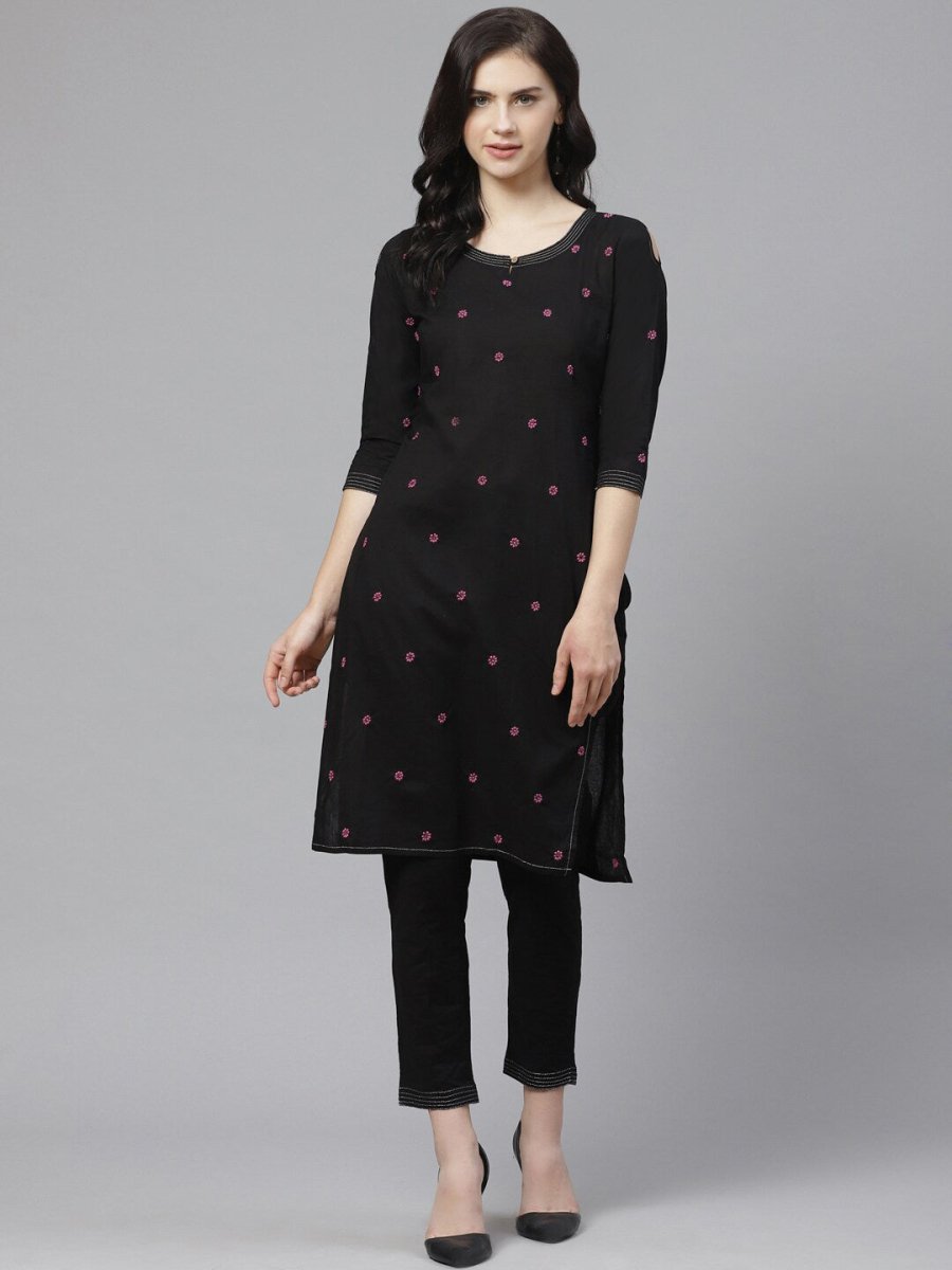 ADA Women Black & Pink Chikankari Embroidered Sustainable Handloom Kurta with Trousers - Distacart