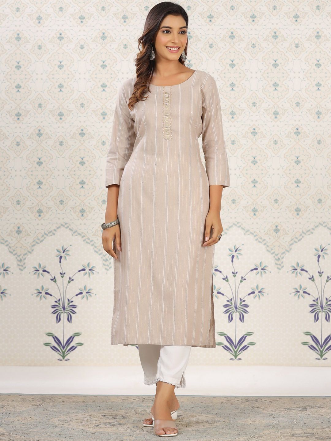 Ode by House of Pataudi Striped Round Neck Straight Cotton Kurta - Distacart