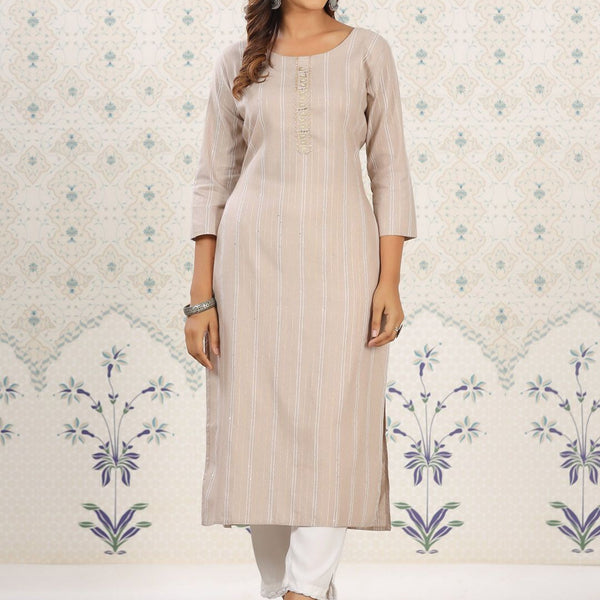 Ode by House of Pataudi Striped Round Neck Straight Cotton Kurta - Distacart