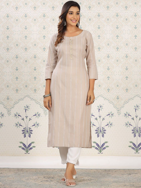 Ode by House of Pataudi Striped Round Neck Straight Cotton Kurta - Distacart