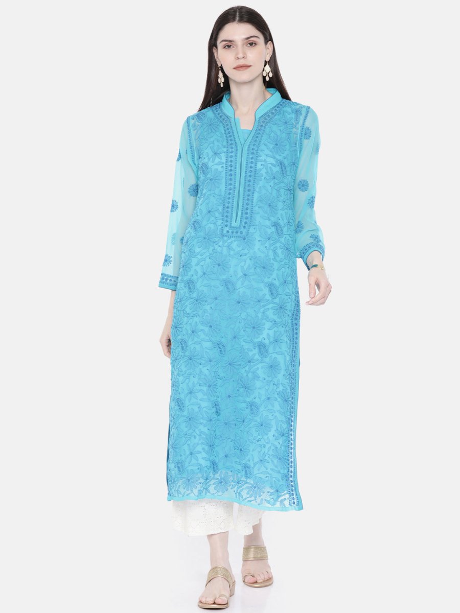 ADA Women Blue Embroidered Lucknow Chikankari Straight Kurta With Slip - Distacart