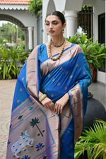 Thumbnail for Vishnu Weaves Women's Rama Paithani Silk Zari Woven Saree with Blouse