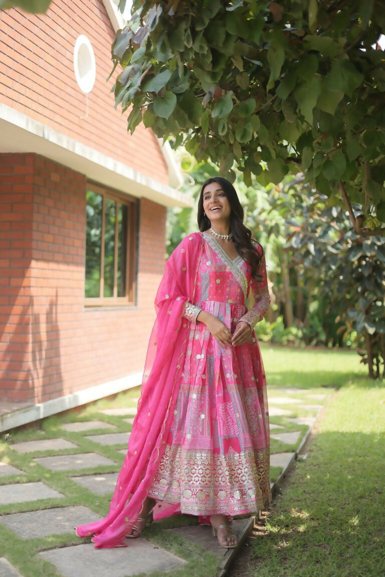 Jyoti Fashion Women's Pink Russian Silk Digital Print with Embroidered Anarkali Dress with Dupatta - Distacart