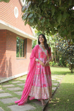 Thumbnail for Jyoti Fashion Women's Pink Russian Silk Digital Print with Embroidered Anarkali Dress with Dupatta - Distacart