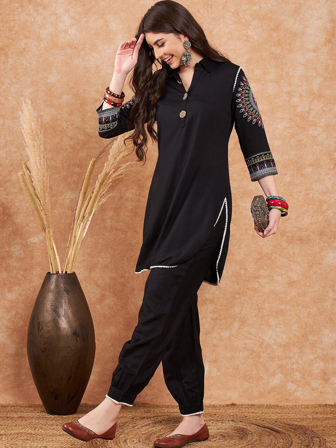 Sangria Black Ethnic Motifs Embroidered Pathani Kurta With Salwar