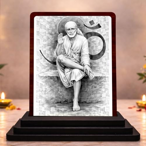 HD Printed Sai Baba Wooden Idol 4x5 Inch Ornate Frame Spiritual Showpiece