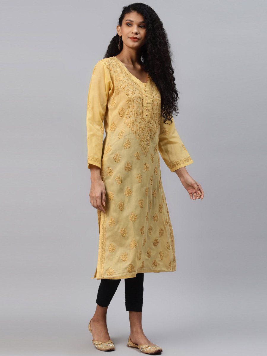 ADA Women Beige & Black Ethnic Motifs Embroidered Chikankari Handloom Kurta with Trousers - Distacart