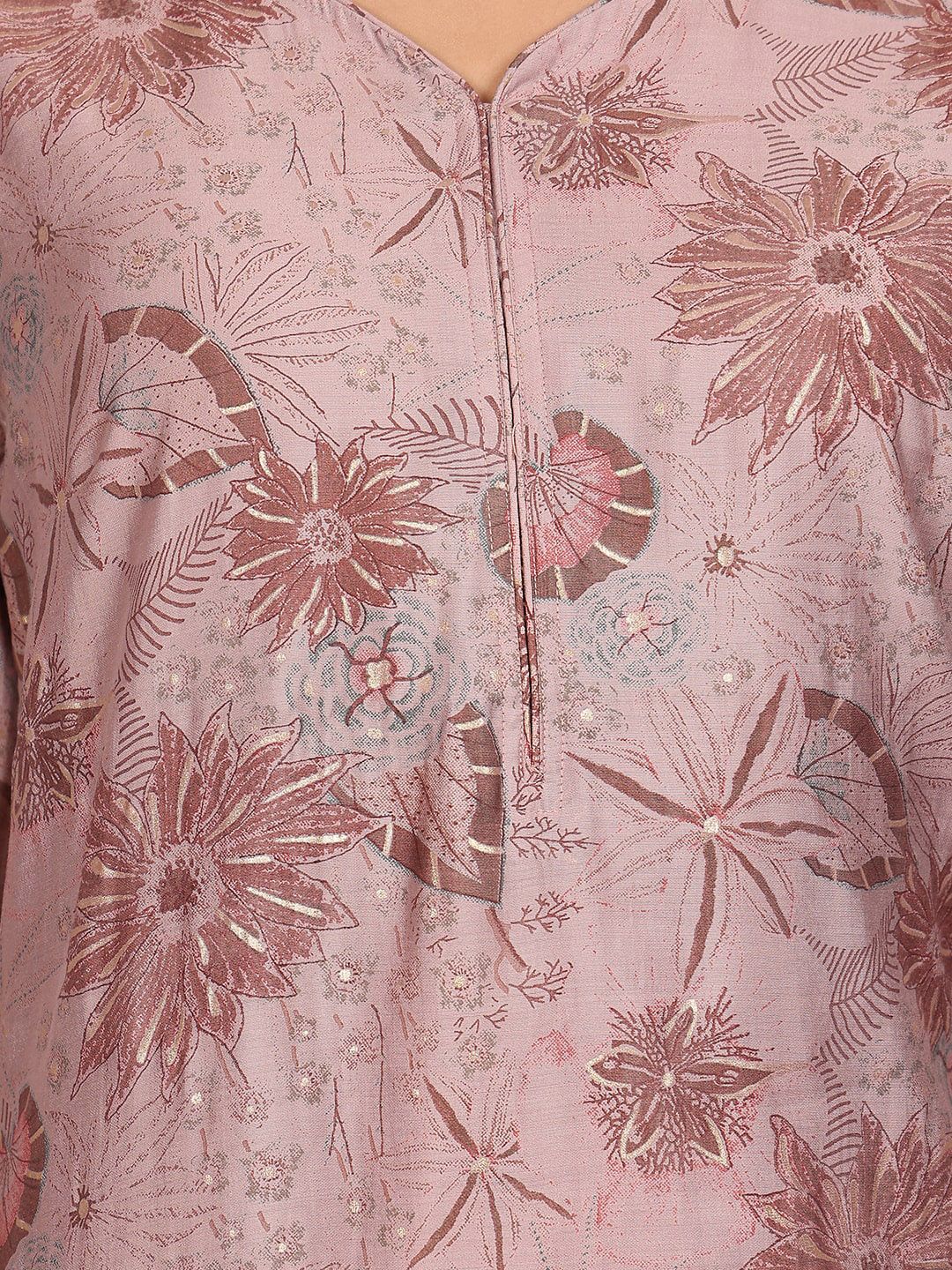 Ode by House of Pataudi V Neck Floral Printed Regular Chanderi Silk Kurta with Trousers - Distacart