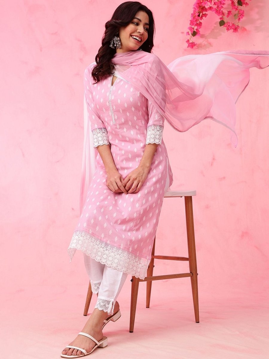 Anouk Geometric Self Design Pure Cotton Kurta with Trousers & Dupatta - Distacart