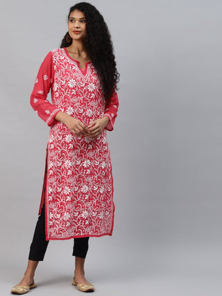 ADA Women Carrot Pink & White Floral Hand Embroidered Chikankari Handloom Kurta & Matching slip - Distacart