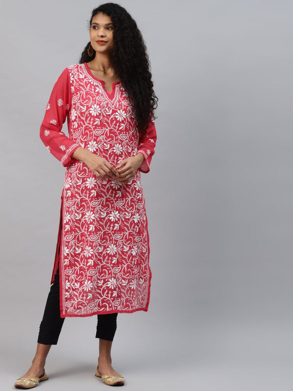 ADA Women Carrot Pink & White Floral Hand Embroidered Chikankari Handloom Kurta & Matching slip - Distacart