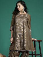 Thumbnail for Sangria Foil Print Gotta Patti Panelled Kurta Set