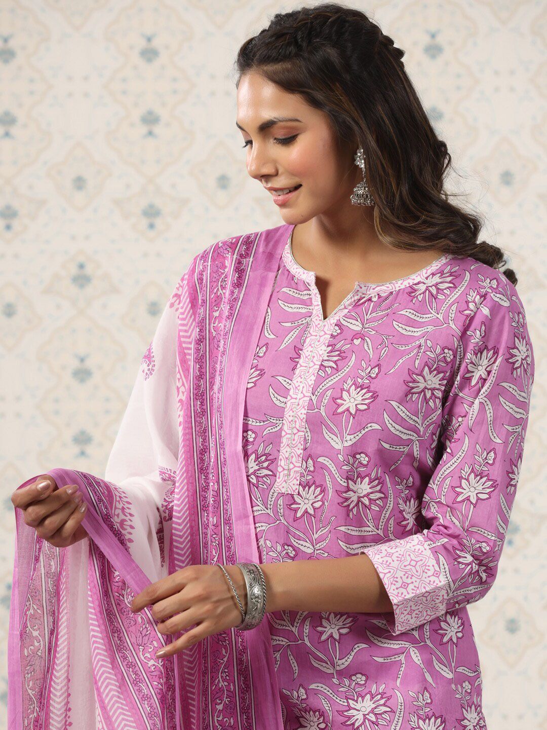 Ode by House of Pataudi Printed Notched Neck Pure Cotton Kurta With Trousers & Dupatta - Distacart