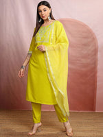 Thumbnail for Vishudh Lime Green Floral Yoke Design Thread Work Straight Kurta With Trousers & Dupatta