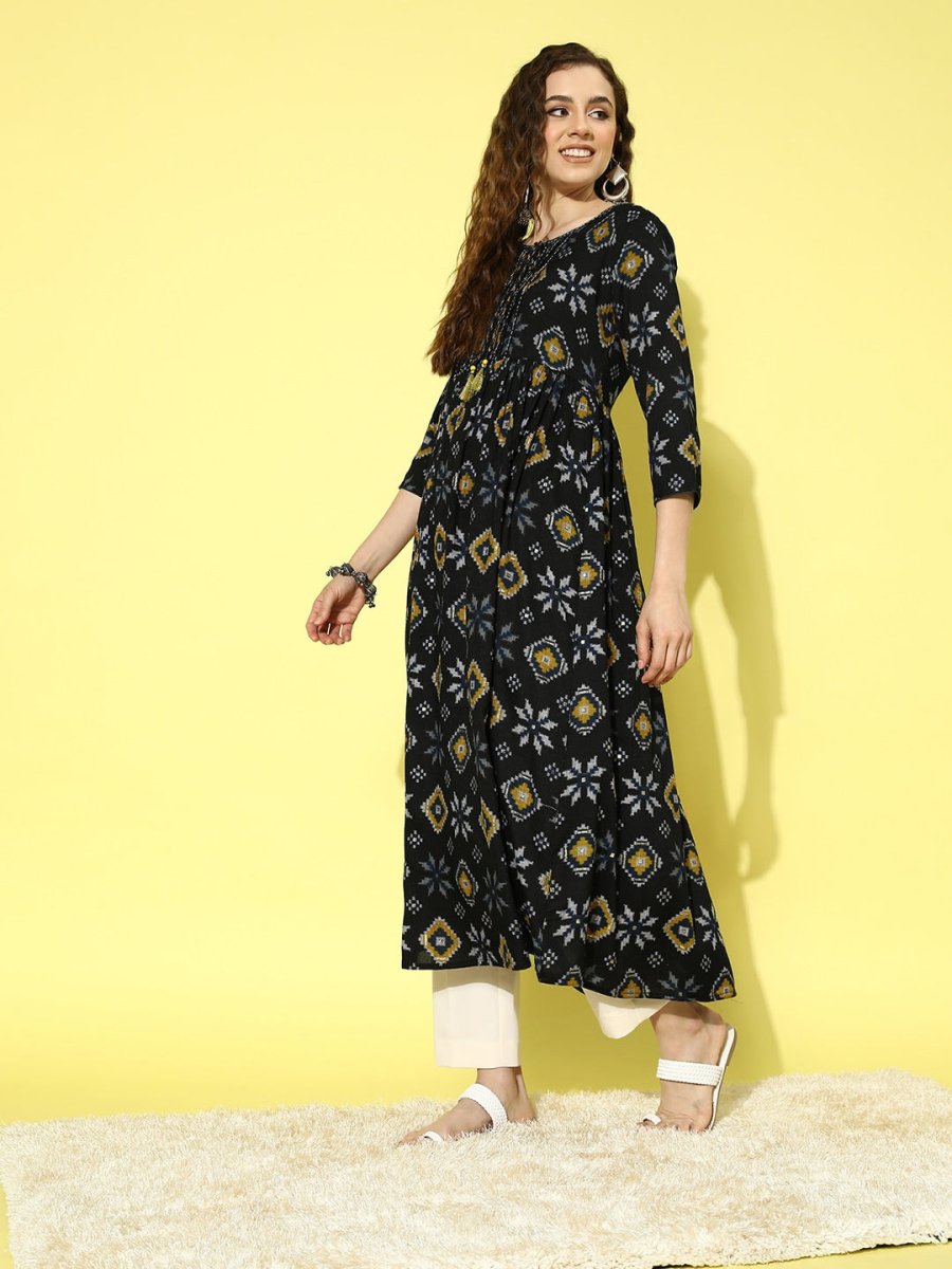 All About You Women Black & Yellow Printed Thread Work Tiering Liva Anarkali Kurta - Distacart