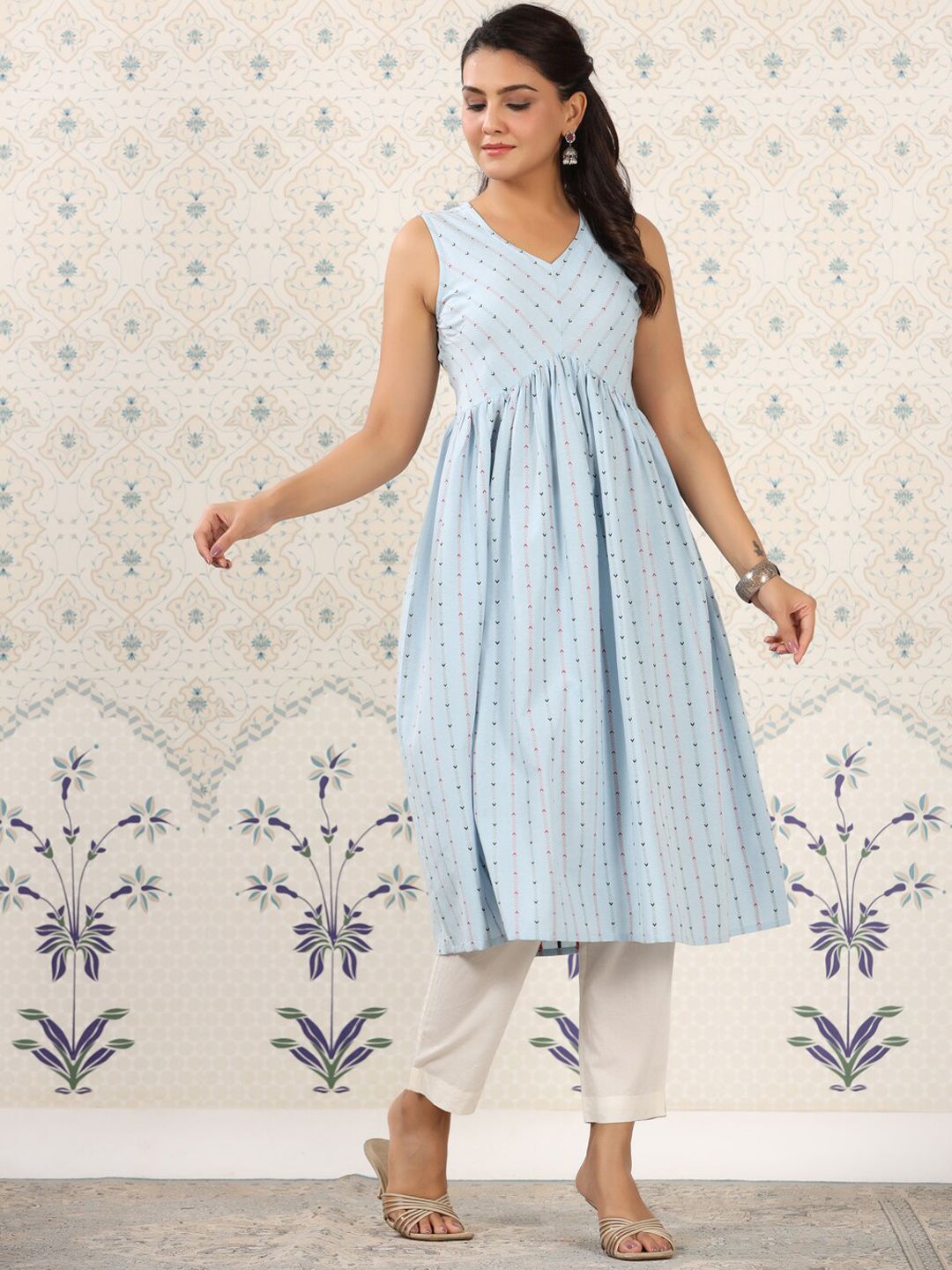 Ode by House of Pataudi Blue Geometric Printed A-Line Kurta - Distacart