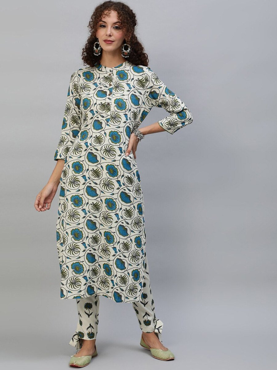 Aks Floral Printed Band Collar Regular Kurta with Trousers - Distacart