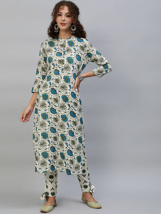 Aks Floral Printed Band Collar Regular Kurta with Trousers - Distacart