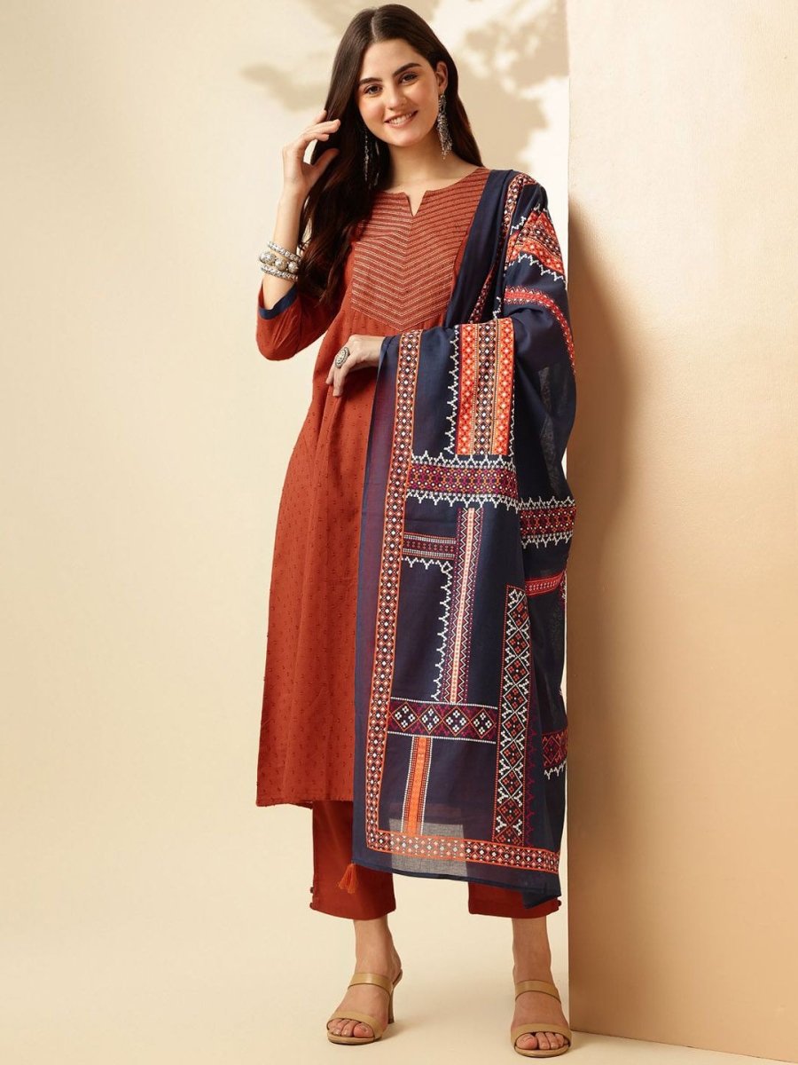Anouk Ethnic Motifs Panelled Pure Cotton Kurta with Trousers & With Dupatta - Distacart