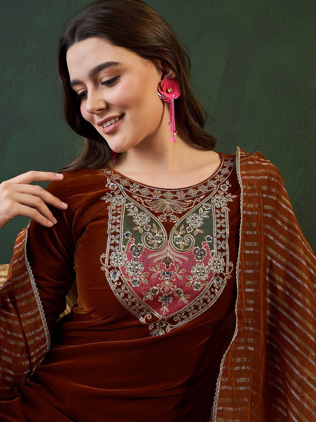 Sangria Embroidered Velvet Kurta & Trousers with Dupatta - Distacart