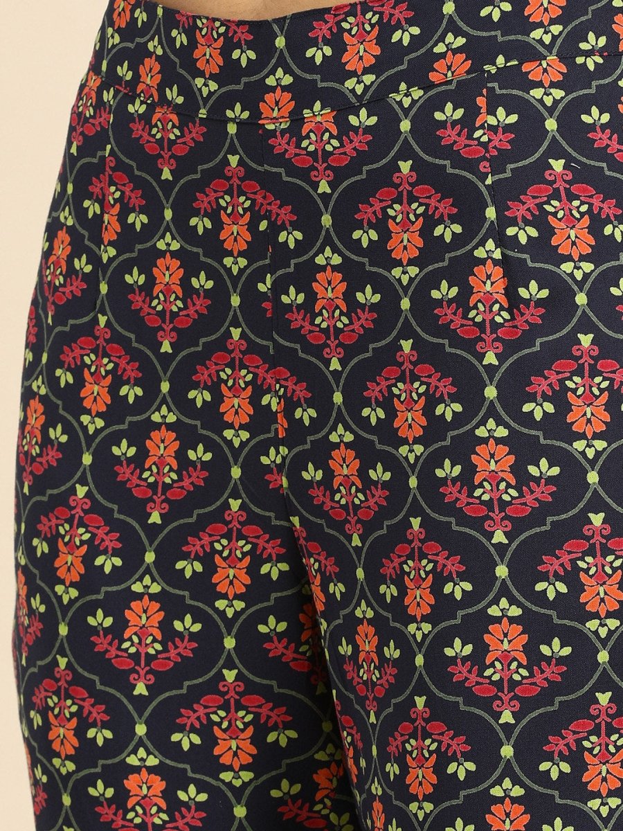 All About You Women Navy Blue Floral Embroidered Regular Thread Work Kurta with Trousers - Distacart