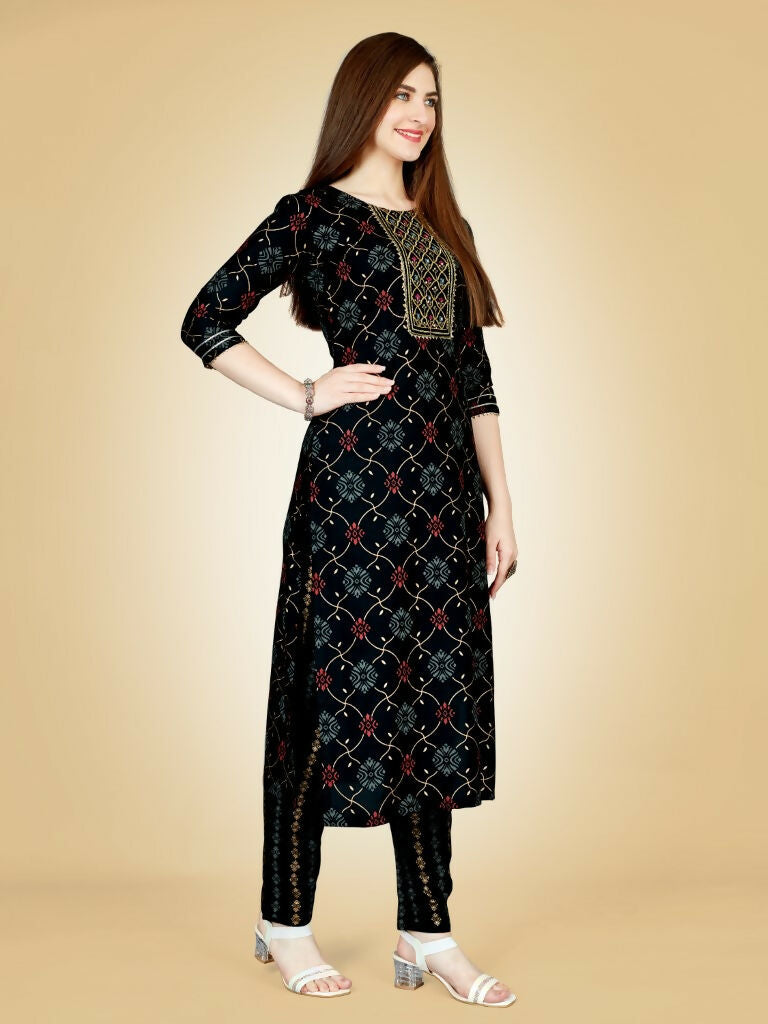 Jyoti Fashion Women's Black Viscose Rayon Embroidered Kurta Pant Set - Distacart
